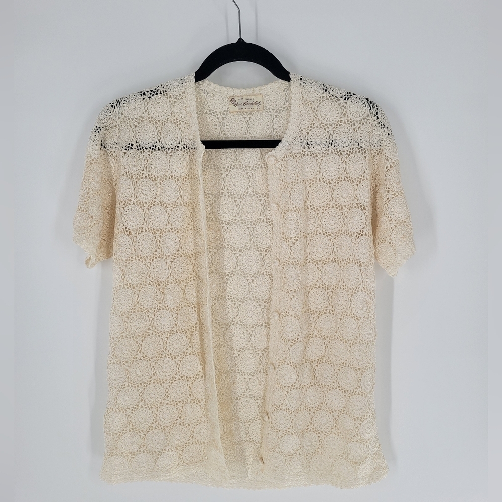 VINTAGE CROCHET cardigan sweater cream color crochet buttons DELICATE RETRO